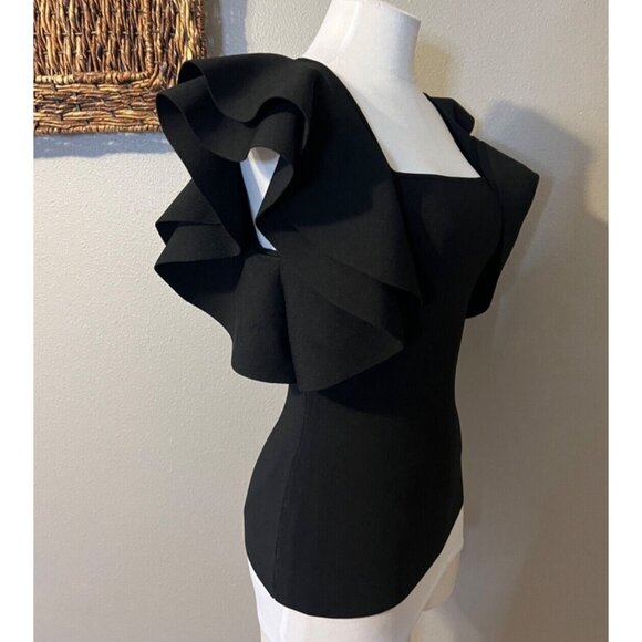 INC Top S Small Black Short Flutter Ruffle Sleeves Stretch Square Neck NWT - Picture 5 of 10